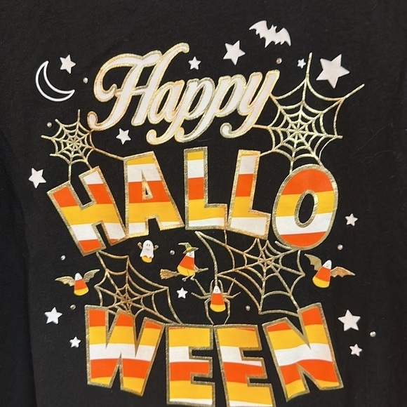 Happy Halloween Graphic Long-sleeved Black Tee Candy Corn Embossed Size 4-6 - Picture 3 of 5